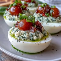 Caprese deviled eggs bursting with fresh basil, tomato, and mozzarella toppings.