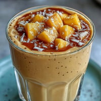 Creamy mango coconut chia smoothie, a vibrant tropical breakfast treat blended smooth.