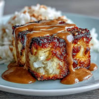 Golden crispy baked tofu bowl, drizzled with peanut sauce, brimming with vibrant vegetables.