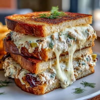 Golden crispy tuna melt, gooey melted cheese overflowing on buttery grilled bread.