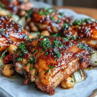 Juicy Harissa Chicken Traybake with roasted vegetables, a spicy Mediterranean weeknight dinner.